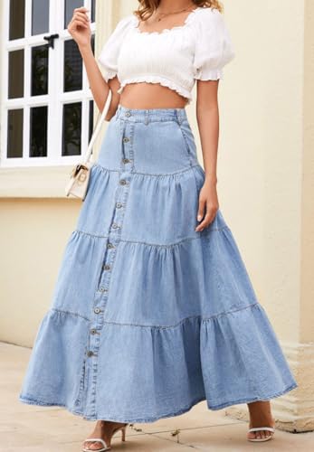 Women Western Elastic High Waisted A Line Long Denim Skirt Button Ruffle Tiered Jean Maxi Skirt Patchwork Pocket Y2k