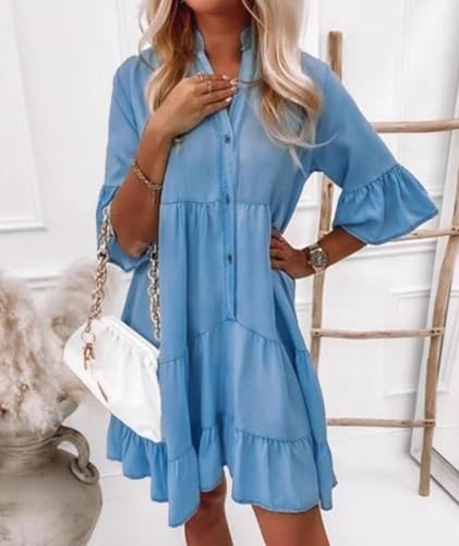 415k6YSQeL.jpg Women's Button Down Denim Dress Casual V Neck Ruffle Short Sleeve A Line Swing Babydoll Denim Shirt Tunic Dress
