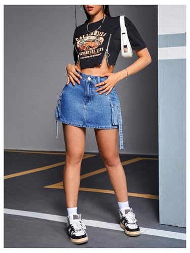 Women's Denim Skirt Button Y2k Mini Cargo Jean Skirts with Flap Pocket