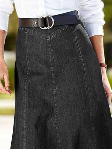41652Hj0JL.jpg A-Line High Rise Vintage Wash Stitch Detail Long Denim Skirt Without Belt