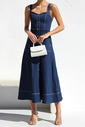 41689YoPWwL.jpg Women's Summer Adjustable Strap Sleeveless Midi Denim Dress Button Down A-Line Swing Flowy Jean Dress