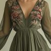 416AdeloghL.jpg Womens Green Tulle Floral Beach Cover Up Sundresses with Belt Long Sleeves V Neck Summer Ruffle Tiered Dresses