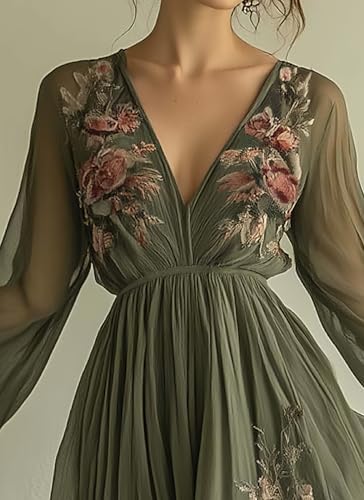 416AdeloghL.jpg Womens Green Tulle Floral Beach Cover Up Sundresses with Belt Long Sleeves V Neck Summer Ruffle Tiered Dresses