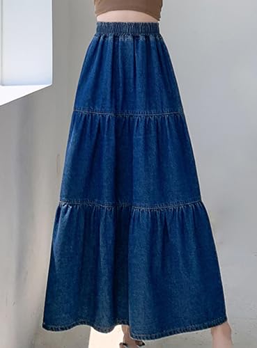 416M1MfJQfL.jpg Women's Spring High Elastic Waist Tiered Denim Skirt Summer A-Line Maxi Long Jean Skirt