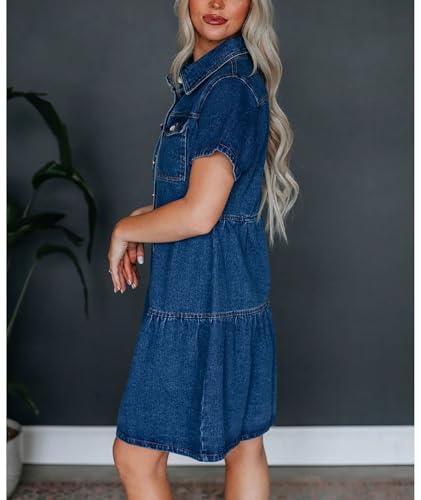 416biyEPGYL.jpg Women's Button Down Denim Babydoll Dress Lapel Collar Short Sleeve Flowy Tiered Ruffle Jeans Midi Dress