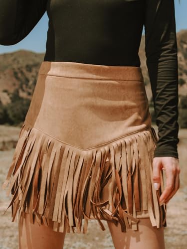 416kIt6jgkL.jpg Women Fringe Skirts Western Cowgirl Terra Cotta High Waist Mini Skirt Suede Tassel Short Counrty Concert
