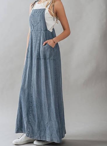 416qAtnVMqL.jpg Women's 2025 Summer Spaghetti Strap Maxi Long Denim Dress Swing Flowy Jean Jumper Overall Dress