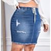 416sqrjKZwL.jpg Women's Plus Size Denim Skirt High Waisted Elastic Drawstring Waist Raw Hem Ripped Vintage Short Jean Skirt