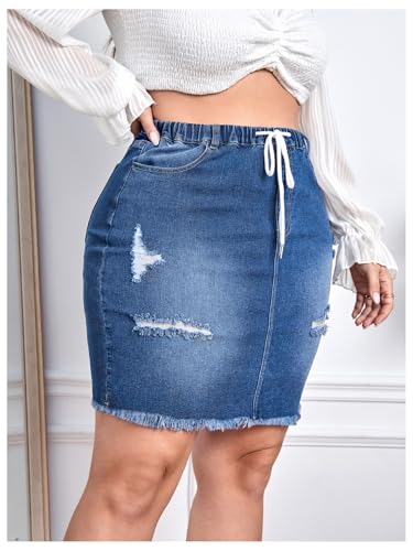 416sqrjKZwL.jpg Women's Plus Size Denim Skirt High Waisted Elastic Drawstring Waist Raw Hem Ripped Vintage Short Jean Skirt