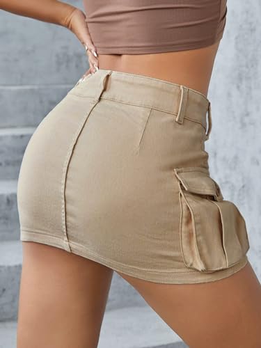 Women's Low Waist Button Bodycon Mini Cargo Denim Skirt with Pocket
