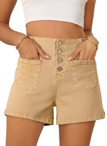 417KPH8NCvL.jpg Women's Jean Shorts Button Fly Stretchy High Waisted Zimbaplatinum Jeans Summer Outfit 2025 Denim Shorts