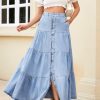 Women Western Elastic High Waisted A Line Long Denim Skirt Button Ruffle Tiered Jean Maxi Skirt Patchwork Pocket Y2k