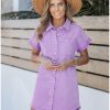 Denim Dress for Women Button Down Short Sleeves Casual Summer Jean Shirt Dresses with Pockets Frayed Hem