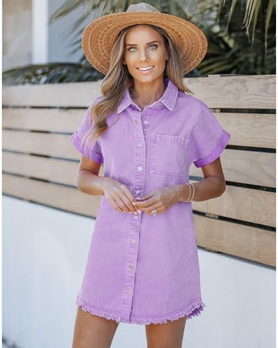 Denim Dress for Women Button Down Short Sleeves Casual Summer Jean Shirt Dresses with Pockets Frayed Hem
