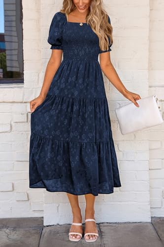 417zWDmjEHL.jpg Women's 2025 Summer Casual Midi Dresses Square Neck Short Sleeve Smocked A Line Floral Flowy Elegant Boho Dress