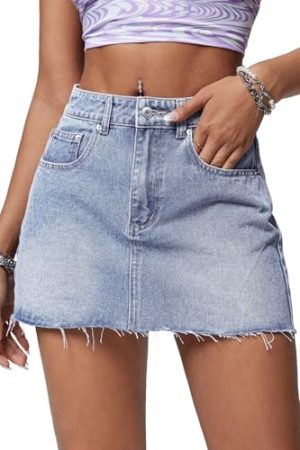Denim Skirt Women Mini Low Waist Stretchy Raw Hem Jean Skirt with Pockets