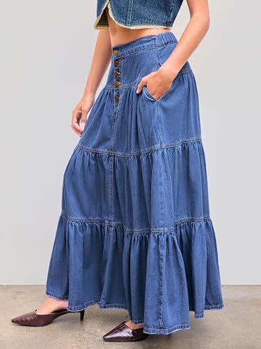 4184izzK20L.jpg Women’s Long Jean Denim Tiered Button Down High Waisted Maxi Skirts