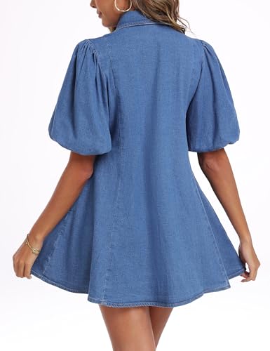 418PFvgSn3L.jpg Denim Dress for Women, Puff Short Sleeve Jean Dress Mini Denim Romper with Pockets