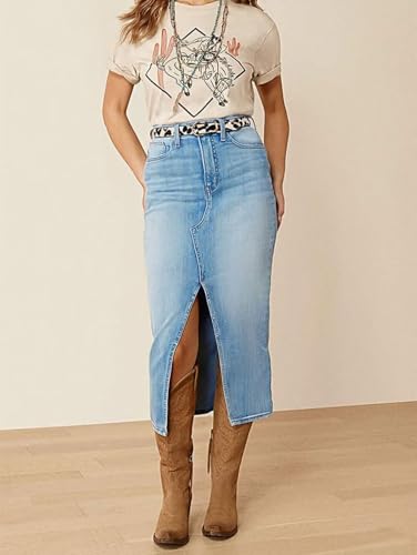 418QY2IE9NL.jpg Straight High Rise Vintage Zipped up Wash Split Thigh Midi Denim Skirt Without Belt