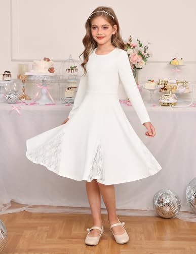 418aDxuB4L.jpg Girls Long Sleeve Dress Lace Hem Knit Fall Winter Pullover Dresses for Girls 5-12Y