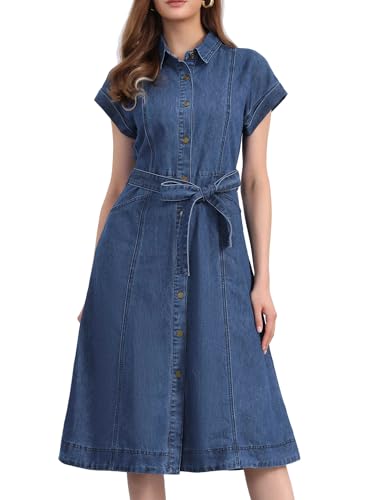 4193dAGS5EL.jpg Denim Shirt Dress for Women's Casual Button Down Short Sleeves Belted Jean Midi Dress 2025 Trendy Outfits