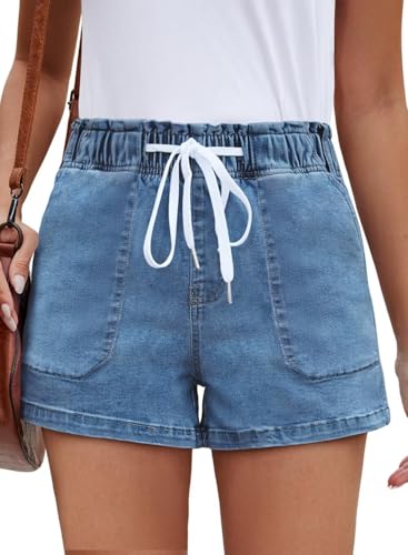 4199e1sIUBL.jpg Womens Stretchy Denim Shorts 2025 Summer Casual Drawstring Elastic Waist Jean Shorts with Pockets