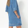 419JycitBL.jpg Womens Denim Shirt Dress Summer Collared V Neck Mini Casual Jean Dresses with Pockets