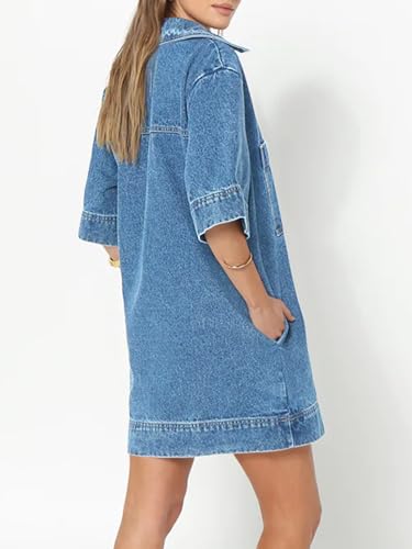 419JycitBL.jpg Womens Denim Shirt Dress Summer Collared V Neck Mini Casual Jean Dresses with Pockets