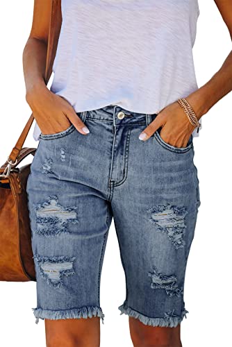 419WwKRDsL.jpg Women's Ripped Mid-Rise Denim Bermuda Shorts Frayed Raw Hem Stretch Jean Shorts