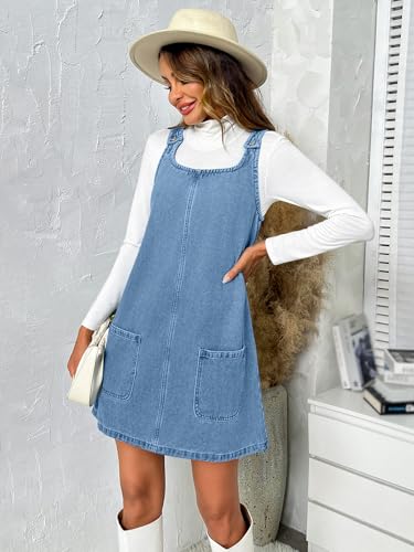 419xn9KwAiL.jpg Women's Sleeveless Casual Denim Dress Crewneck Vintage Loose Jean Overall Dress with Pockets