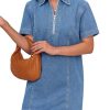 Women’s Denim Mini Dress Short Sleeve Summer Casual Half Zip Polo Neck Short Jean Dress