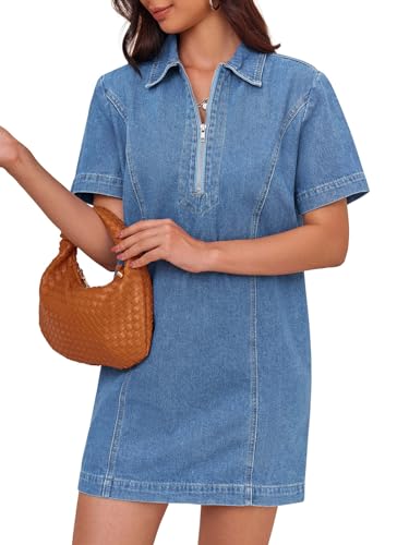 Women’s Denim Mini Dress Short Sleeve Summer Casual Half Zip Polo Neck Short Jean Dress