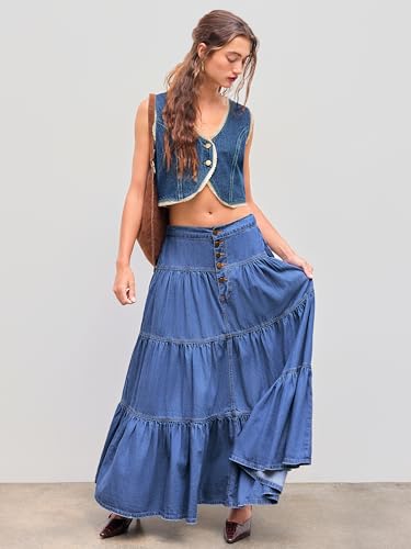 41ALvlRzd8L.jpg Women’s Long Jean Denim Tiered Button Down High Waisted Maxi Skirts