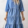 Womens Button Down Denim Dress Casual Loose Fit Cuffed Sleeve Ruffled Jean Dresses for Women 2025(no Belt)