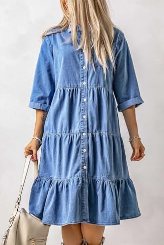 Womens Button Down Denim Dress Casual Loose Fit Cuffed Sleeve Ruffled Jean Dresses for Women 2025(no Belt)