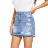 Women Denim Skirt High Waist Raw Hem Stretch Ripped Casual Mini Jean Skirts