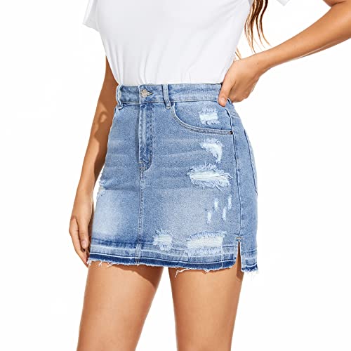 Women Denim Skirt High Waist Raw Hem Stretch Ripped Casual Mini Jean Skirts