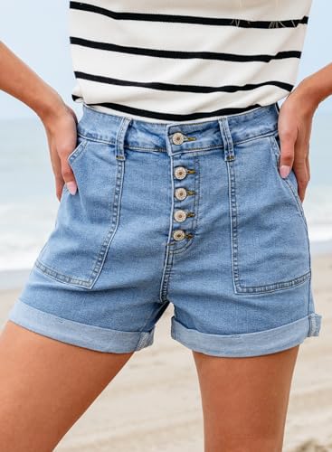 Womens Jean Shorts High Waisted Stretchy Buttoned Folded Hem Zimbaplatinum Denim Shorts