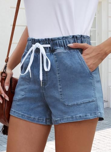 41AjO8asjBL.jpg Womens Stretchy Denim Shorts 2025 Summer Casual Drawstring Elastic Waist Jean Shorts with Pockets