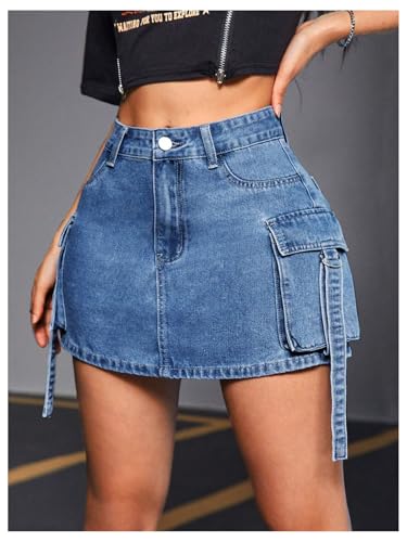 Women's Denim Skirt Button Y2k Mini Cargo Jean Skirts with Flap Pocket