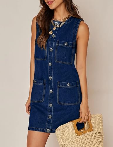 Denim Dress for Women, Sleeveless Jean Dress Button Down Dresses Casual Summer Denim Mini Dresses with Pockets