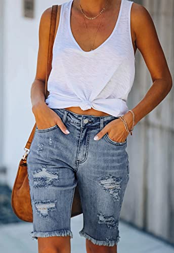 41Aw5kSEcGL.jpg Women's Ripped Mid-Rise Denim Bermuda Shorts Frayed Raw Hem Stretch Jean Shorts