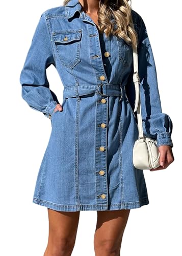 41B6YLCeVaL.jpg Womens Denim Dress 2025 Casual Long Sleeve Button Down Distressed Belted Jean Dress with Pockets