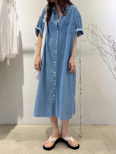 41BNPNpHRlL.jpg Women's Summer Casual Short Sleeve Long Denim Shirt Dress Casual Loose Button Down Jean Dress