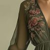 41BS38LkJ9L.jpg Womens Green Tulle Floral Beach Cover Up Sundresses with Belt Long Sleeves V Neck Summer Ruffle Tiered Dresses