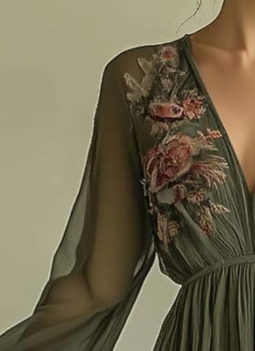 41BS38LkJ9L.jpg Womens Green Tulle Floral Beach Cover Up Sundresses with Belt Long Sleeves V Neck Summer Ruffle Tiered Dresses