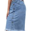 Women's Casual Mid Rise Button Down Frayed Raw Hem Denim Jean Midi Skirt