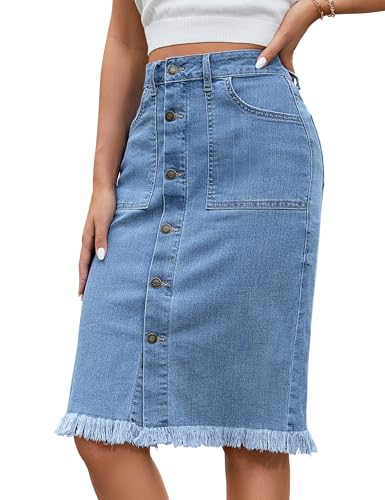 Women's Casual Mid Rise Button Down Frayed Raw Hem Denim Jean Midi Skirt