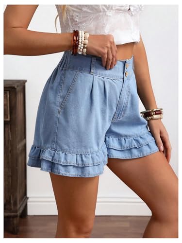 41CHsFZCj5L.jpg Women's Button Front Ruffle Tiered Denim Shorts High Waist Loose Jean Shorts with Pockets