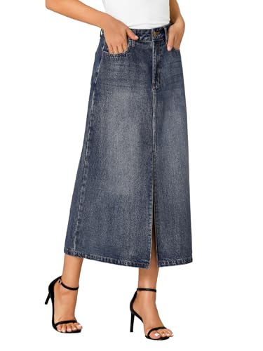 41CIsiuHdiL.jpg Women's High Waisted Jean Skirt Casual Split Denim Midi Skirt with Pockets